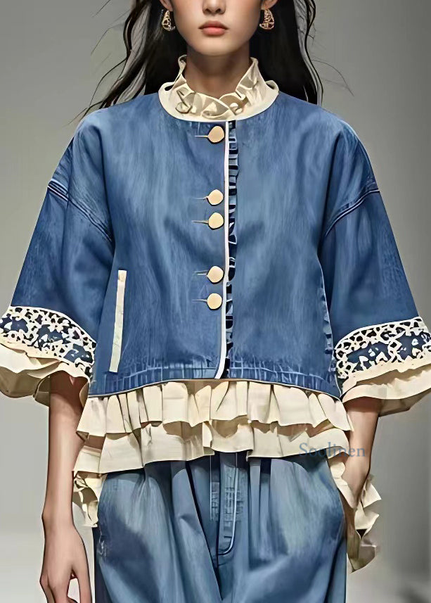 Handmade Blue Stand Collar Ruffled Patchwork Shirt Half Sleeve