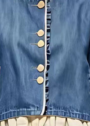 Handmade Blue Stand Collar Ruffled Patchwork Shirt Half Sleeve