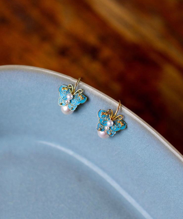 Handmade Blue Sterling Silver Overgild Pearl Enamel Butterfly Drop Earrings