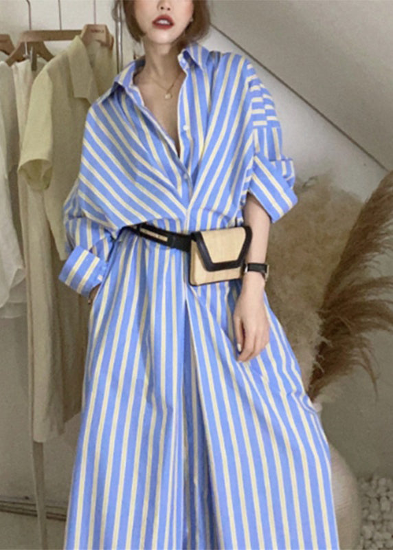Handmade Blue Striped Button Long Shirts Dresses Long Sleeve