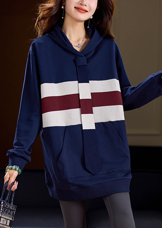 Handmade Blue Striped Patchwork Knitted Cotton Hooded Sweatshirts Spring