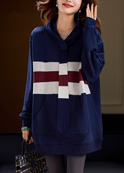 Handmade Blue Striped Patchwork Knitted Cotton Hooded Sweatshirts Spring