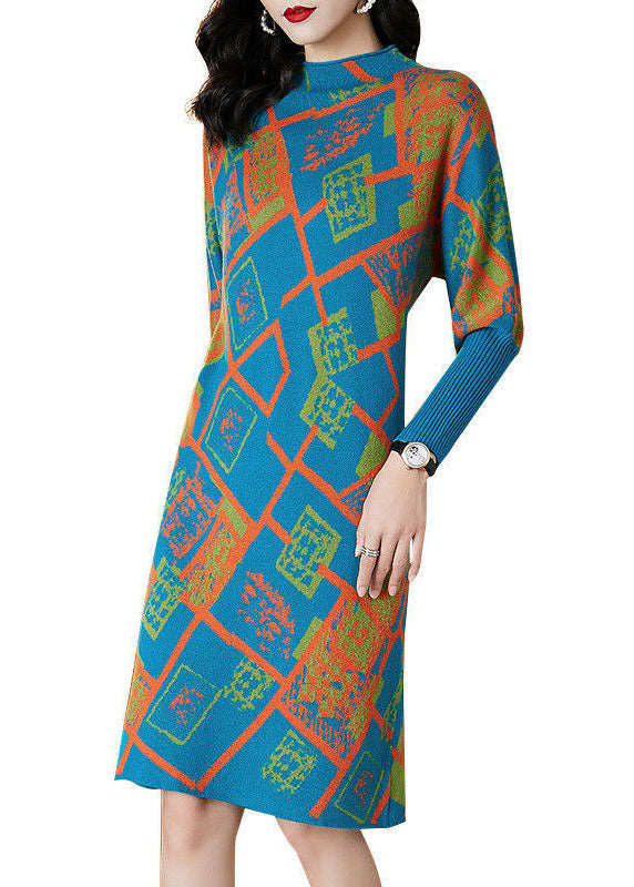 Handmade Blue Turtle Neck Geometric Print Thick Knitted Dress Fall