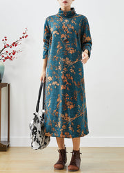 Handmade Blue Turtle Neck Print Warm Fleece Maxi Dress Winter