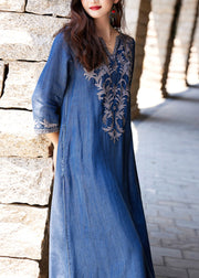 Handmade Blue V Neck Embroidered Silk Cotton Long Denim Dress Long Sleeve
