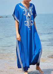 Handmade Blue V Neck Embroideried Floral Side Open Maxi BeachDress Summer