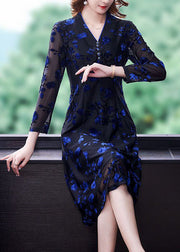 Handmade Blue V Neck Embroideried Slim Fit Tulle Dresses Spring