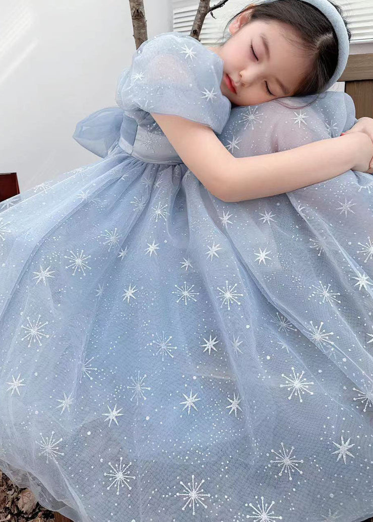 Handmade Blue Wrinkled Bow Embroideried Tulle Baby Girls Dresses Summer