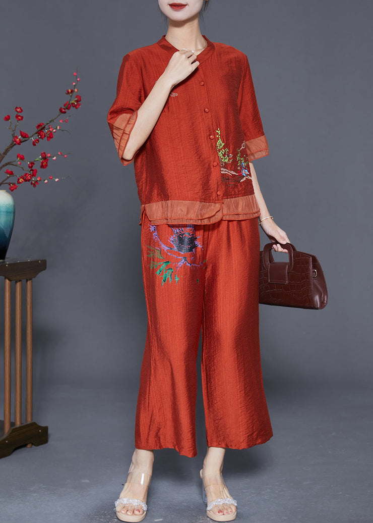 Handmade Brick Red Embroidered Patchwork Linen Silk Two Pieces Set Summer