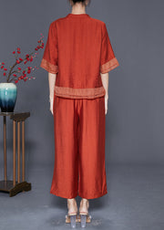 Handmade Brick Red Embroideried Patchwork Linen Silk Two Pieces Set Summer