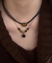 Handmade Brown Alloy Tiger Eye Stone Tassel Two Piece Set Pendant Necklace