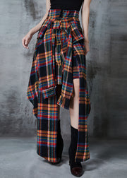 Handmade Brown Asymmetrical Plaid Cotton Skirts Fall