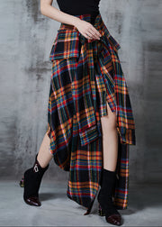 Handmade Brown Asymmetrical Plaid Cotton Skirts Fall