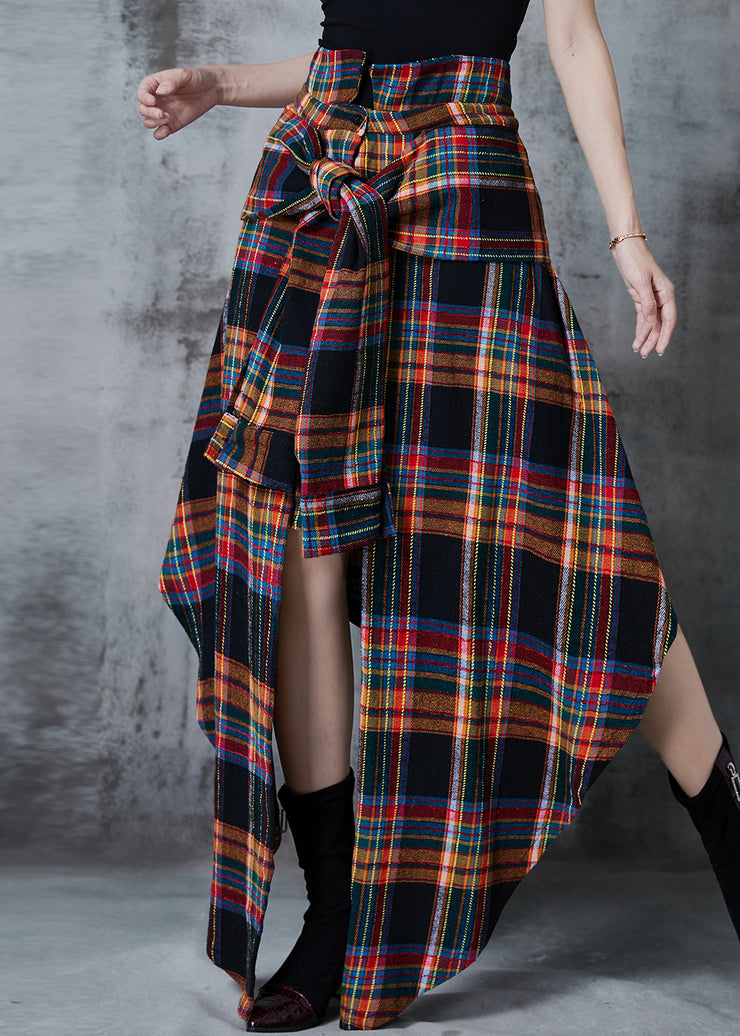 Handmade Brown Asymmetrical Plaid Cotton Skirts Fall