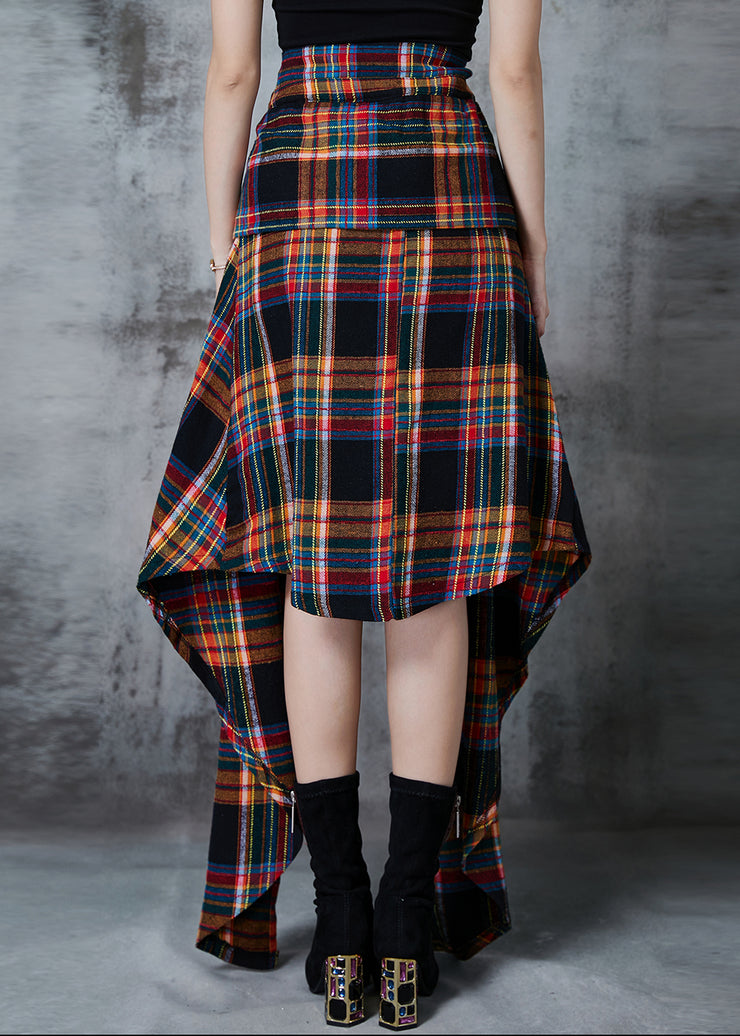 Handmade Brown Asymmetrical Plaid Cotton Skirts Fall