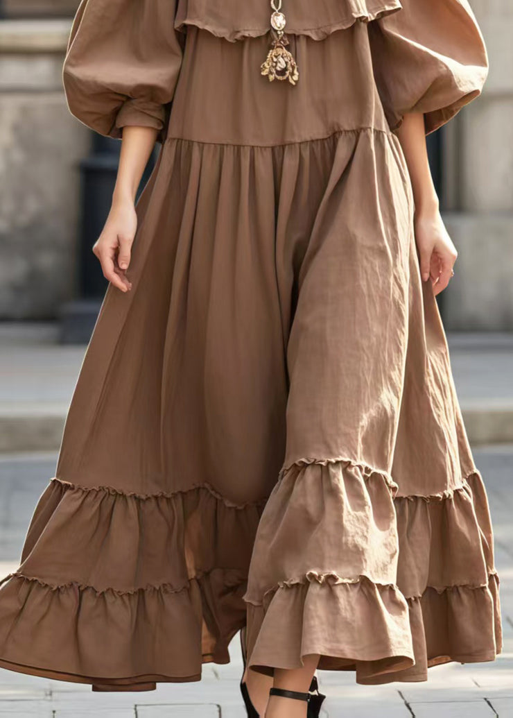 Handmade Brown Cold Shoulder Exra Large Hem Long Dress Lantern Sleeve