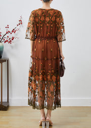 Handmade Brown Embroidered Tulle Cinched Dress Summer