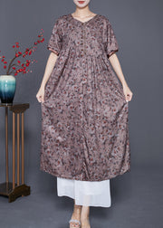 Handmade Brown Embroideried Print Button Cotton Dress Summer