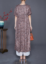 Handmade Brown Embroideried Print Button Cotton Dress Summer