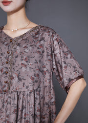 Handmade Brown Embroideried Print Button Cotton Dress Summer