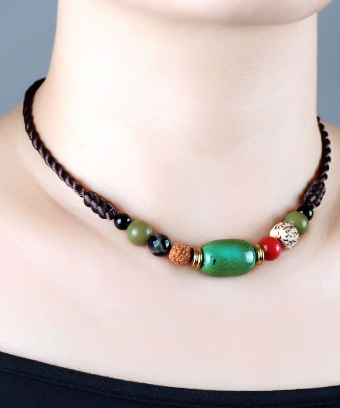 Handmade Brown Hand Knitting Turquoise Pipal Tree Seed Gratuated Bead Necklace