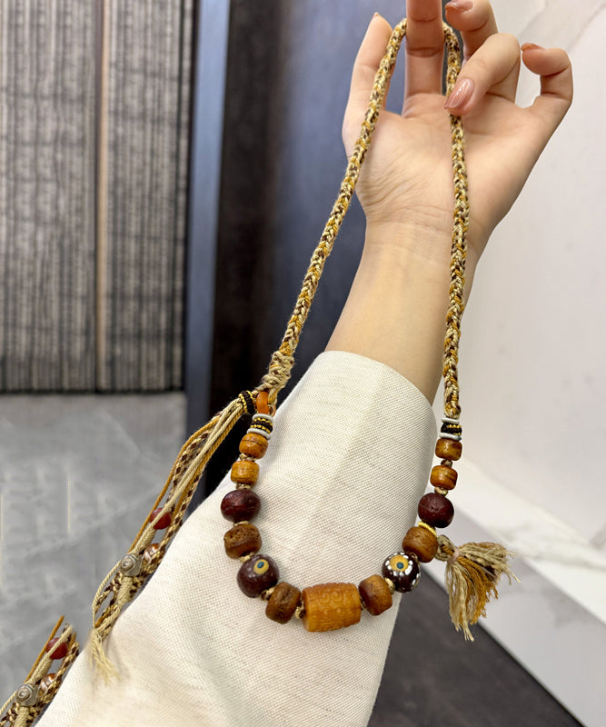 Handmade Brown Hand Woven Old Coloured Glaze Tassel Gratuated Bead Necklace