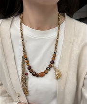 Handmade Brown Hand Woven Old Coloured Glaze Tassel Gratuated Bead Necklace