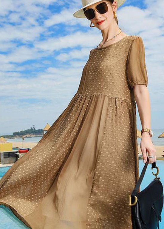 Handmade Brown O Neck Patchwork Silk Mid Dress Summer