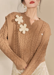 Handmade Brown V Neck Floral Thick Cable Cotton Knit Sweaters Spring