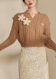 Handmade Brown V Neck Floral Thick Cable Cotton Knit Sweaters Winter