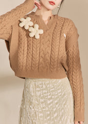 Handmade Brown V Neck Floral Thick Cable Cotton Knit Sweaters Spring