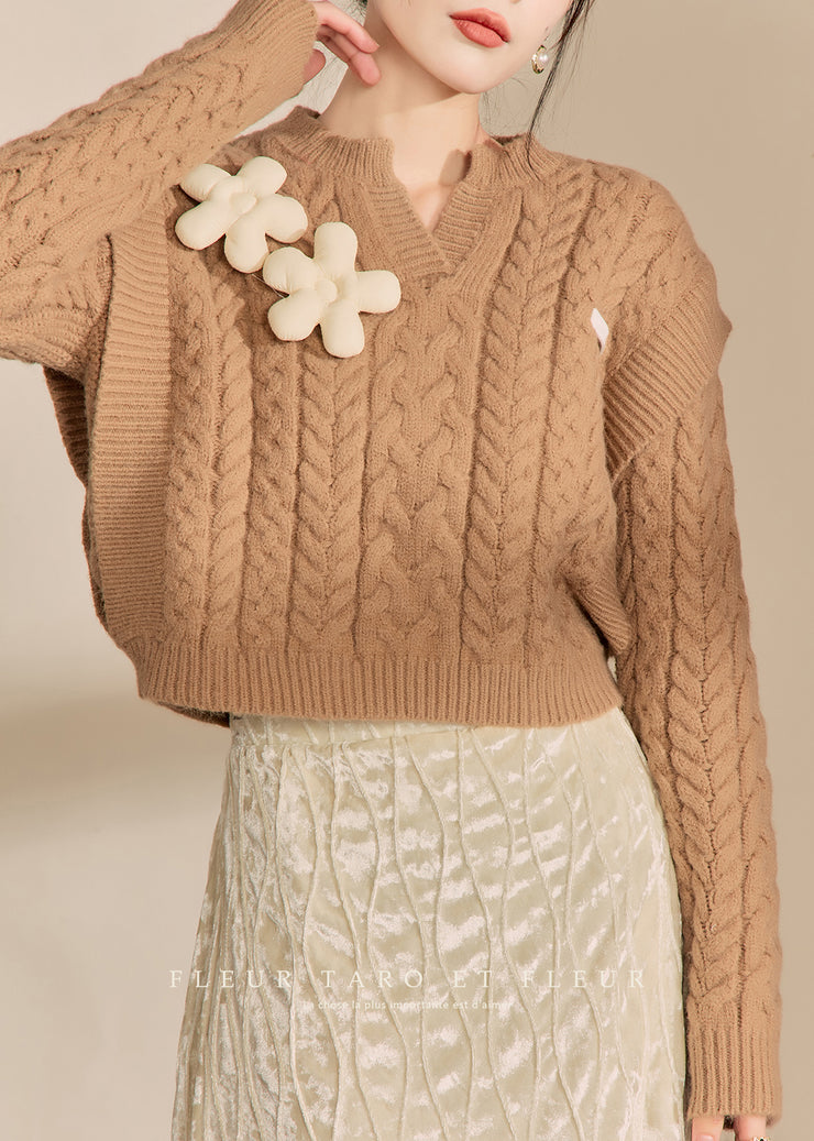 Handmade Brown V Neck Floral Thick Cable Cotton Knit Sweaters Winter