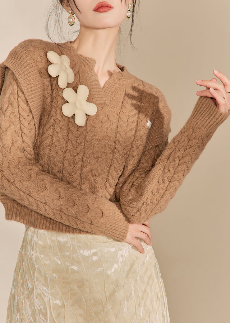 Handmade Brown V Neck Floral Thick Cable Cotton Knit Sweaters Spring