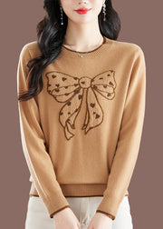 Handmade Camel O-Neck Embroidered Bow Thick Cotton Knit Sweaters Winter