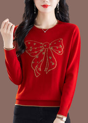 Handmade Camel O-Neck Embroidered Bow Thick Cotton Knit Sweaters Winter