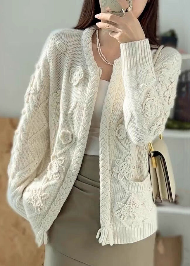 Handmade Camel Pockets Floral Cable Knit Woolen Cardigans Spring