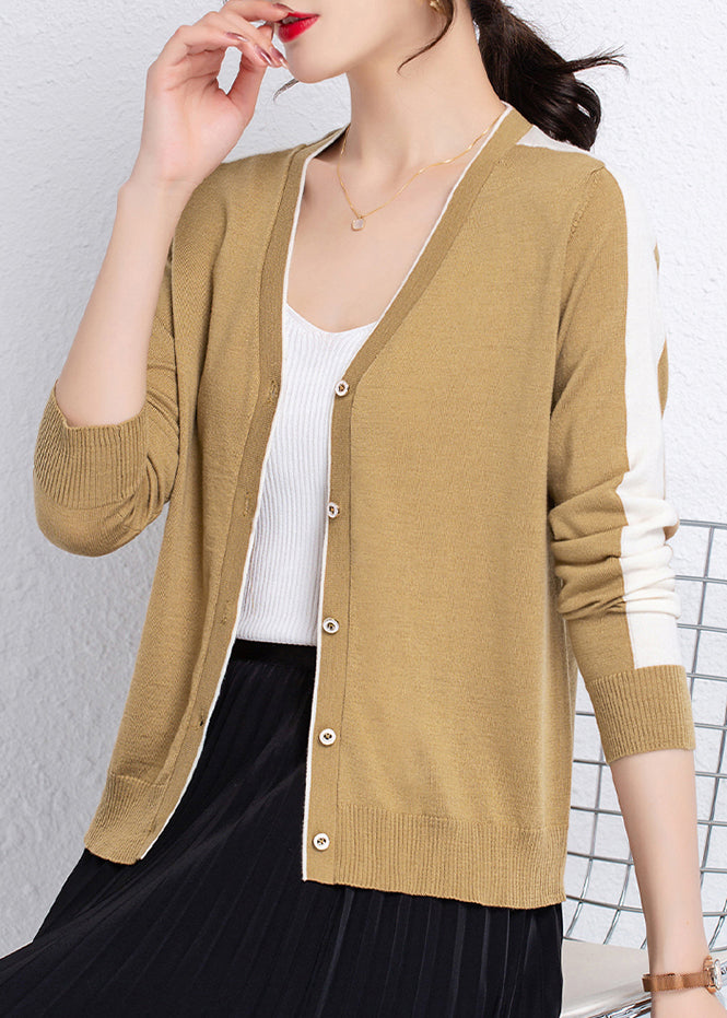 Handmade Camel V Neck Colorblock Wool Knit Cardigans Long Sleeve