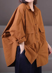 Handmade Caramel Oversized Pockets Cotton Blouse Tops Spring