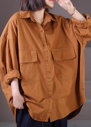 Handmade Caramel Oversized Pockets Cotton Blouse Tops Spring