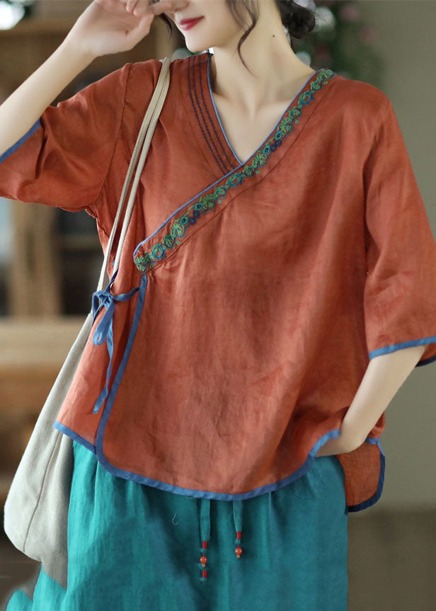 Handmade Caramel V Neck Embroideried Tie Waist Linen Top Half Sleeve