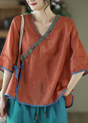 Handmade Caramel V Neck Embroideried Tie Waist Linen Top Half Sleeve