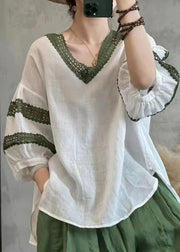 Handmade Caramel V Neck Hollow Out Linen Shirt Tops Lantern Sleeve