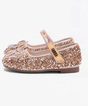 Handmade Champagne Bow Zircon Girls Buckle Strap Flat Shoes