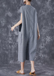 Handmade Chinese Button Patchwork Plaid Linen Jumpsuit Summer