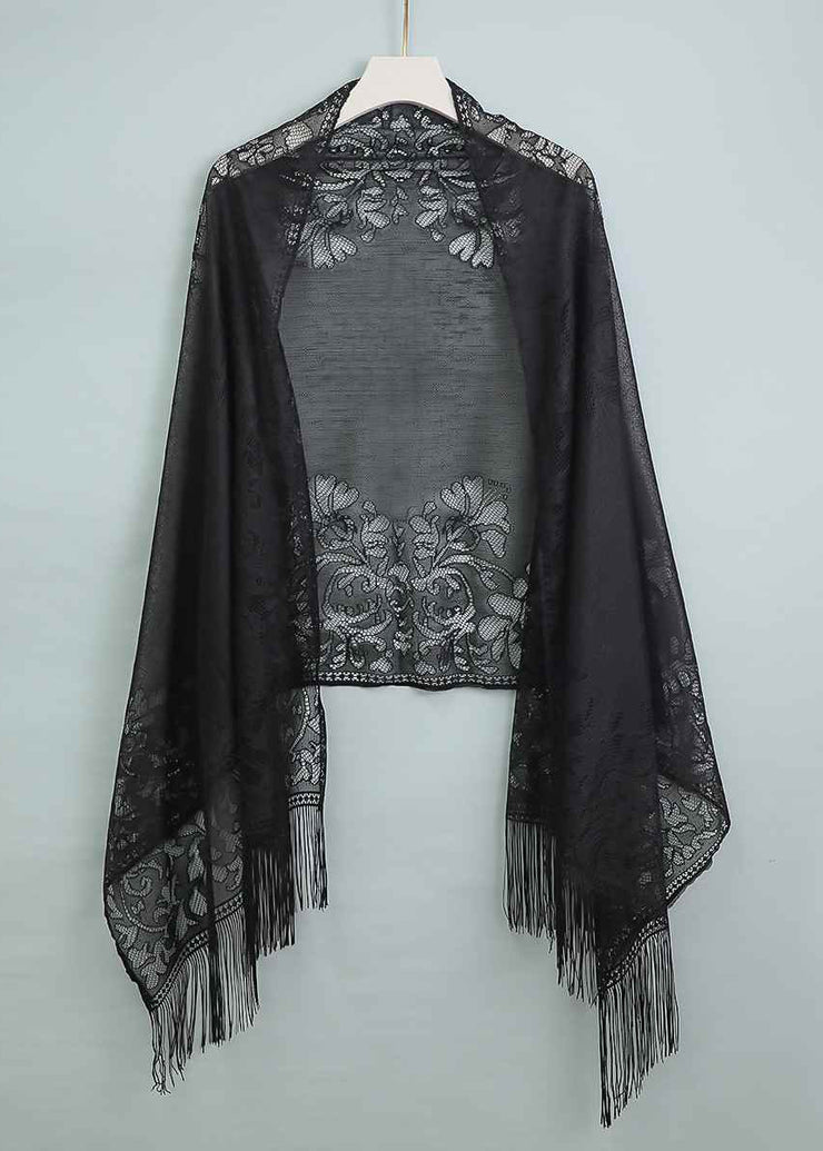 Handmade Chinese Style Black Tasseled Hollow Out Scarf