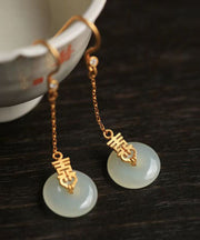 Handmade Chinese Style Jade Patchwork Silver Drop Earrings