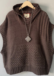 Handmade Chocolate Cable Cotton Knit Hoodie Waistcoat Spring