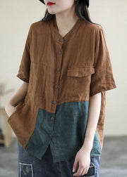 Handmade Chocolate Green Asymmetrical Patchwork Linen Shirt Tops Short Sleeve