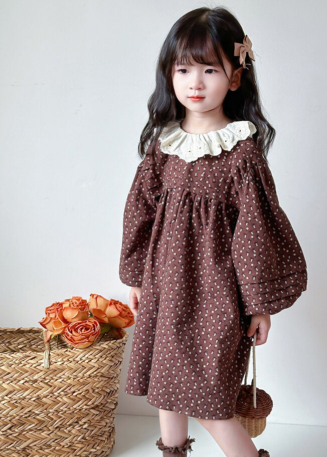 Handmade Coffee O-Neck Print Thick Kids Maxi Dress Lantern Sleeve