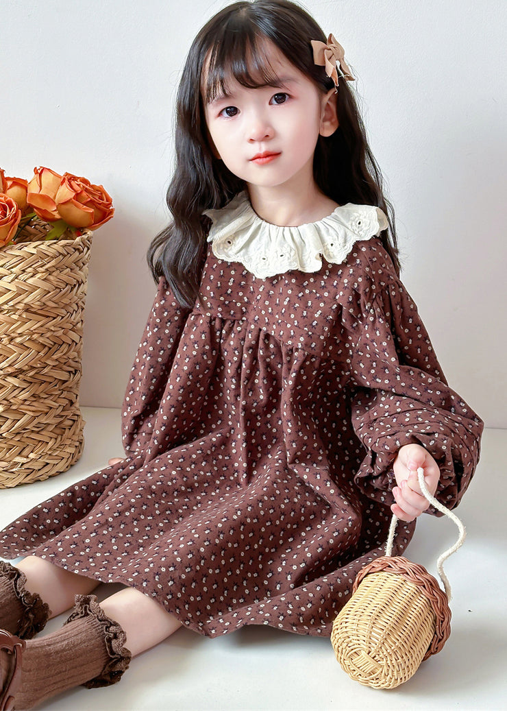 Handmade Coffee O-Neck Print Thick Kids Maxi Dress Lantern Sleeve